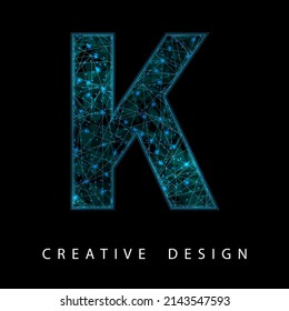 Wireframe Digital K Letter with Low Poly Mesh and Blue Neon. Contemporary Symbol. Digital Font in Futuristic Techno Style. Transparent lines Network Concept for IT brochure, Card or Logo Design.