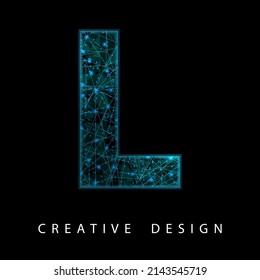 Wireframe Digital L Letter with Low Poly Mesh and Blue Neon. Contemporary Symbol. Digital Font in Futuristic Techno Style. Transparent lines Network Concept for IT brochure, Card or Logo Design.