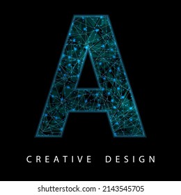 Carta A con malla baja de polilla y neón azul. Símbolo contemporáneo. Fuente digital al estilo futurista tecnológico. Líneas transparentes Concepto de red para el diseño de folletos, tarjetas o logotipos de TI.