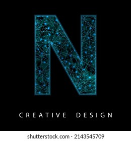 Wireframe Digital N Letter mit Low Poly Mesh und Blue Neon. Zeitgenössisches Symbol. Digitale Schriftart im futuristischen Techno-Stil. Transparente Linien Netzwerk Konzept für IT-Broschüre, Card oder Logo Design.