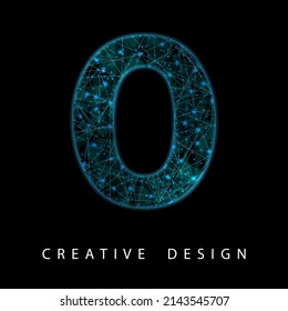 Wireframe Digital O Letter with Low Poly Mesh and Blue Neon. Contemporary Symbol. Digital Font in Futuristic Techno Style. Transparent lines Network Concept for IT brochure, Card or Logo Design.