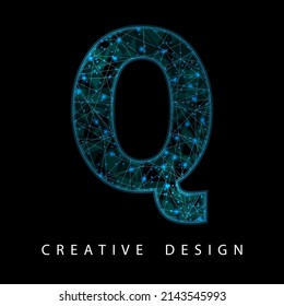Wireframe Digital Q Letter with Low Poly Mesh and Blue Neon. Contemporary Symbol. Digital Font in Futuristic Techno Style. Transparent lines Network Concept for IT brochure, Card or Logo Design.