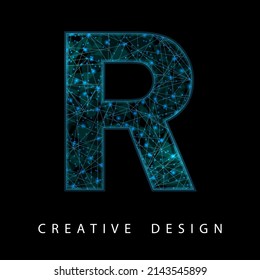 Wireframe Digital R Letter with Low Poly Mesh and Blue Neon. Contemporary Symbol. Digital Font in Futuristic Techno Style. Transparent lines Network Concept for IT brochure, Card or Logo Design.