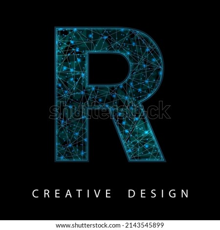 Wireframe Digital R Letter with Low Poly Mesh and Blue Neon. Contemporary Symbol. Digital Font in Futuristic Techno Style. Transparent lines Network Concept for IT brochure, Card or Logo Design.