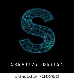 Wireframe Digital S Letter with Low Poly Mesh and Blue Neon. Contemporary Symbol. Digital Font in Futuristic Techno Style. Transparent lines Network Concept for IT brochure, Card or Logo Design.