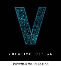 Wireframe Digital V Letter with Low Poly Mesh and Blue Neon. Contemporary Symbol. Digital Font in Futuristic Techno Style. Transparent lines Network Concept for IT brochure, Card or Logo Design.