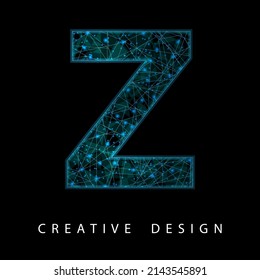 Wireframe Digital Z Letter with Low Poly Mesh and Blue Neon. Contemporary Symbol. Digital Font in Futuristic Techno Style. Transparent lines Network Concept for IT brochure, Card or Logo Design.