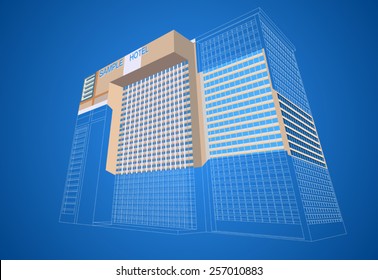 Wireframe with dimensional hotel plaza building on a blue background