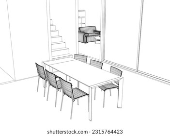 Estructura alambrada Sala comedor interior gráfico blanco negro gráfico vector de ilustración. Mesita y sillas de estilo Art Déco. Mobiliario de comedor de estilo clásico. Ilustración vectorial. 3.ª