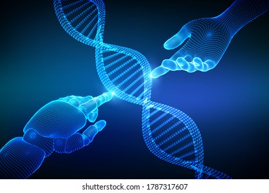 Wireframe DNA sequence molecules structure mesh. Hands of robot and human touching on DNA connecting in virtual interface on future. Artificial intelligence technology concept. Vector illustration.