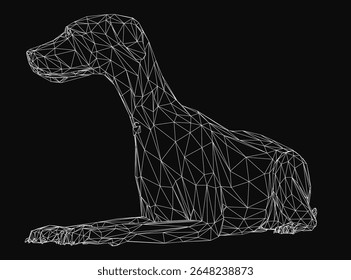 Wireframe dog sitting on a black background, composed of geometric shapes and interconnected lines, forming a detailed and abstract design. The minimalist style highlights the structural complexity.