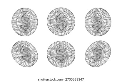 Colección de monedas de dólar de estructura metálica. Aislado 3d USD juego de monedas. Objetos del círculo del dólar estadounidense. Ilustración vectorial