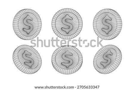 Wireframe dollar coins collection. Isolated 3d USD coin set. US dollar circle objects. Vector illustration