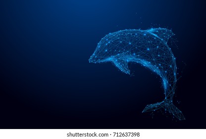 Wireframe dolphin mesh from a starry on blue background