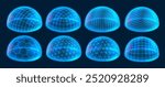 Wireframe dome shields. Secure protection field, digital holographic domes and glowing 3D hemisphere grids. Bubble cover and futuristic safety barrier with glow effect vector set.