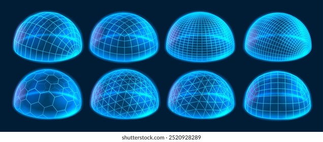 Wireframe dome shields. Secure protection field, digital holographic domes and glowing 3D hemisphere grids. Bubble cover and futuristic safety barrier with glow effect vector set.