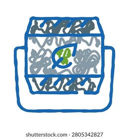 Wireframe doodle illustration showing a paper shredder bin full of shredded documents, featuring a green leaf and a recycling symbol highlighting environmental concepts