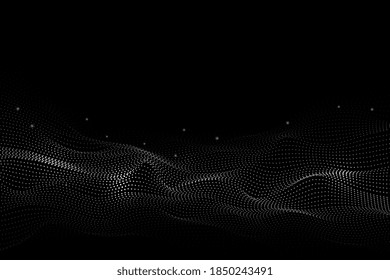 Wireframe-Punktlandschaft. Abstraktes Konzept, Technologie-Halftonoberfläche. 3D-Schallwelle, geometrische Partikel, neuester Vektorhintergrund
