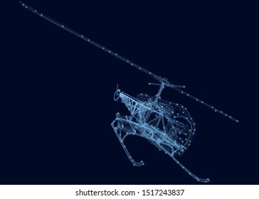 Wireframe of a double helicopter of blue lines on a dark background with luminous lights. Perspective view. 3D. Vector illustration.