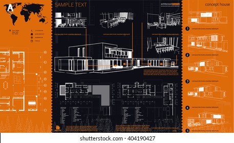 Wireframe drawing of 3D building. Vector architectural template background. Architectural drawing. Architectural theme.