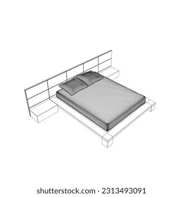 Wireframe drawing of double bed. Modern comfortable luxury furnitures for bedroom. Wireframe of a sleeping bed with pillows from black lines isolated on a white background. Vector illustration. 3D.