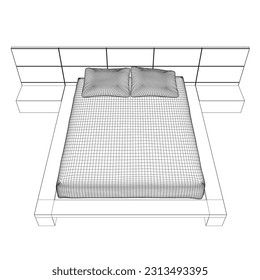 Dibujo de la cama de matrimonio en el marco de un alambre. Modernos y confortables muebles de lujo para la habitación. Cabina de cama con almohadas de líneas negras aisladas en un fondo blanco. Ilustración vectorial. 3 D.
