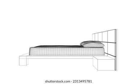 Wireframe drawing of double bed. Modern comfortable luxury furnitures for bedroom. Wireframe of a sleeping bed with pillows from black lines isolated on a white background. Vector illustration. 3D.