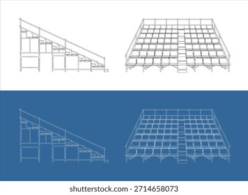 Desenho de Wireframe de grandes arquibancadas sentado estrutura em branco e plano de fundo Blueprint
