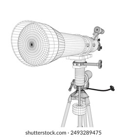 Wireframe drawing of Telescope - astronomy tool. Telescope in simple outline vector illustration. 3D.