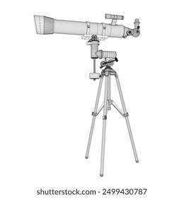 Drahtmodell-Zeichnung des Teleskops - astronomisches Werkzeug. Teleskop in einfacher Kontur, Vektorgrafik. 3D.