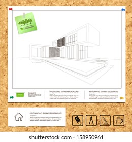 Wireframe drawing of tropical modern house on white blueprint paper background on cork board texture - Vector illustration