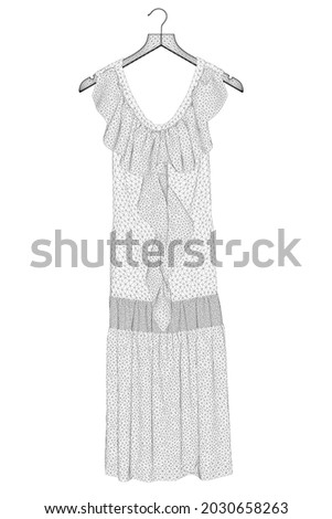 Wireframe of the dress model hangs on a hanger made of black lines on a white background. 3D. Vector illustration.