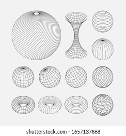 Wireframe earth grid mesh objects set. Network line, HUD design spheres set. Isolated on white background