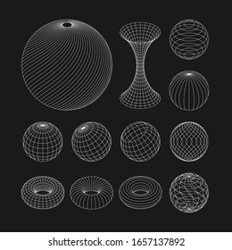 Wireframe earth grid mesh objects set. Network line, HUD design spheres set. Isolated on white background
