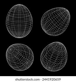 Wireframe Ei Form in verschiedenen Positionen gesetzt, Ostereier mit Wireframe Linie Stil 3D Form.Vektor schwarz und weiß Illustration.