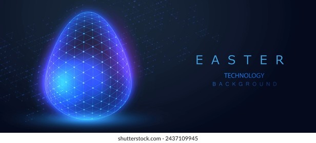 Wireframe egg technology and biology design. Happy Easter Day. Ai neon holiday banner concept. Connect cyber light new life science vector.
