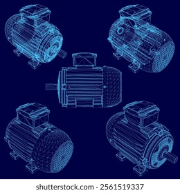 Wireframe Electric generator motor set. Vector 3d isometric. Creative illustration design.