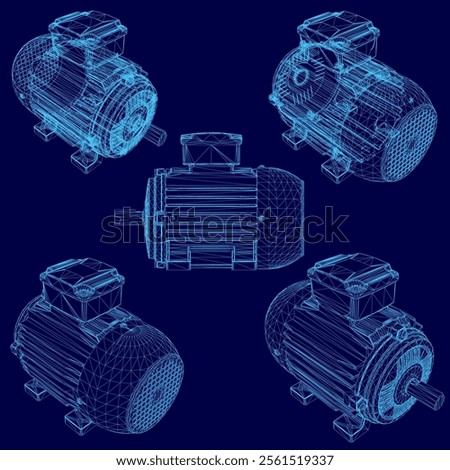 Wireframe Electric generator motor set. Vector 3d isometric. Creative illustration design.