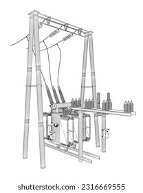 Wireframe Electric transformer substation. Power grid substation - vector illustration. Electrical substation. The high-voltage transformer and switch. Risk of electric shock. electricity supply. 3D..