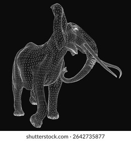 Elefante wireframe com presas detalhadas fica em um fundo preto elegante, mostrando um modelo 3D realista com estrutura de malha intrincada.