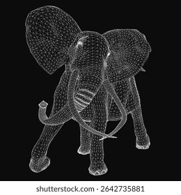 Wireframe elephant rendered in 3D with realistic details on a black background. Its curved trunk and perked ears suggest alertness, while wide eyes and slightly open mouth create a lifelike.
