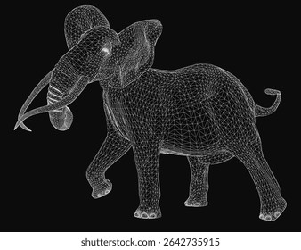 Elefante de arame renderizado em 3D com detalhes realistas, apresentando um tronco proeminente, presas curvas e orelhas grandes. O contorno branco contrasta fortemente com o fundo preto