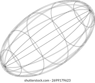 Wireframe ellipsoid shape with intersecting circles and lines on white background