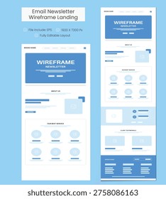 Wireframe Email Newsletter Template. One Page Website Design Template for Business, Agency, Corporate Portfolio. Flat Modern Landing Page UI UX Responsive Marketing Newsletter Vector