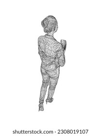 Wireframe of fashionable young woman walking with folder with documents in hand. Vector of girl walk. Drawing Illustration of Young Woman. isolated, sketch, contour girl, woman walking. 3D..