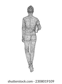 Wireframe of fashionable young woman walking with folder with documents in hand. Vector of girl walk. Drawing Illustration of Young Woman. isolated, sketch, contour girl, woman walking. 3D..