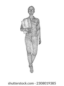 Wireframe of fashionable young woman walking with folder with documents in hand. Vector of girl walk. Drawing Illustration of Young Woman. isolated, sketch, contour girl, woman walking. 3D..