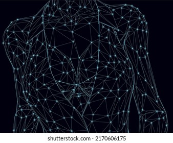 Wireframe of a female bust in a suit made of blue lines with glowing lights isolated on a dark background. Front view. 3D. Vector illustration.