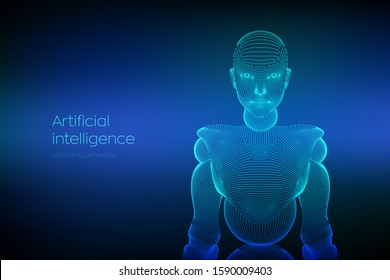 Wireframe female cyborg or robot. Abstract cyber woman. Sci-Fi cybernetic robot with AI. Machine learning and artifactial intelligence technology concept. Digital brain. Vector illustration.