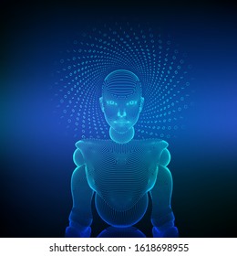 Wireframe female cyborg or robot. Abstract cyber woman. Sci-Fi cybernetic robot with AI. Machine learning and artifactial intelligence technology concept. Digital brain. Vector illustration.